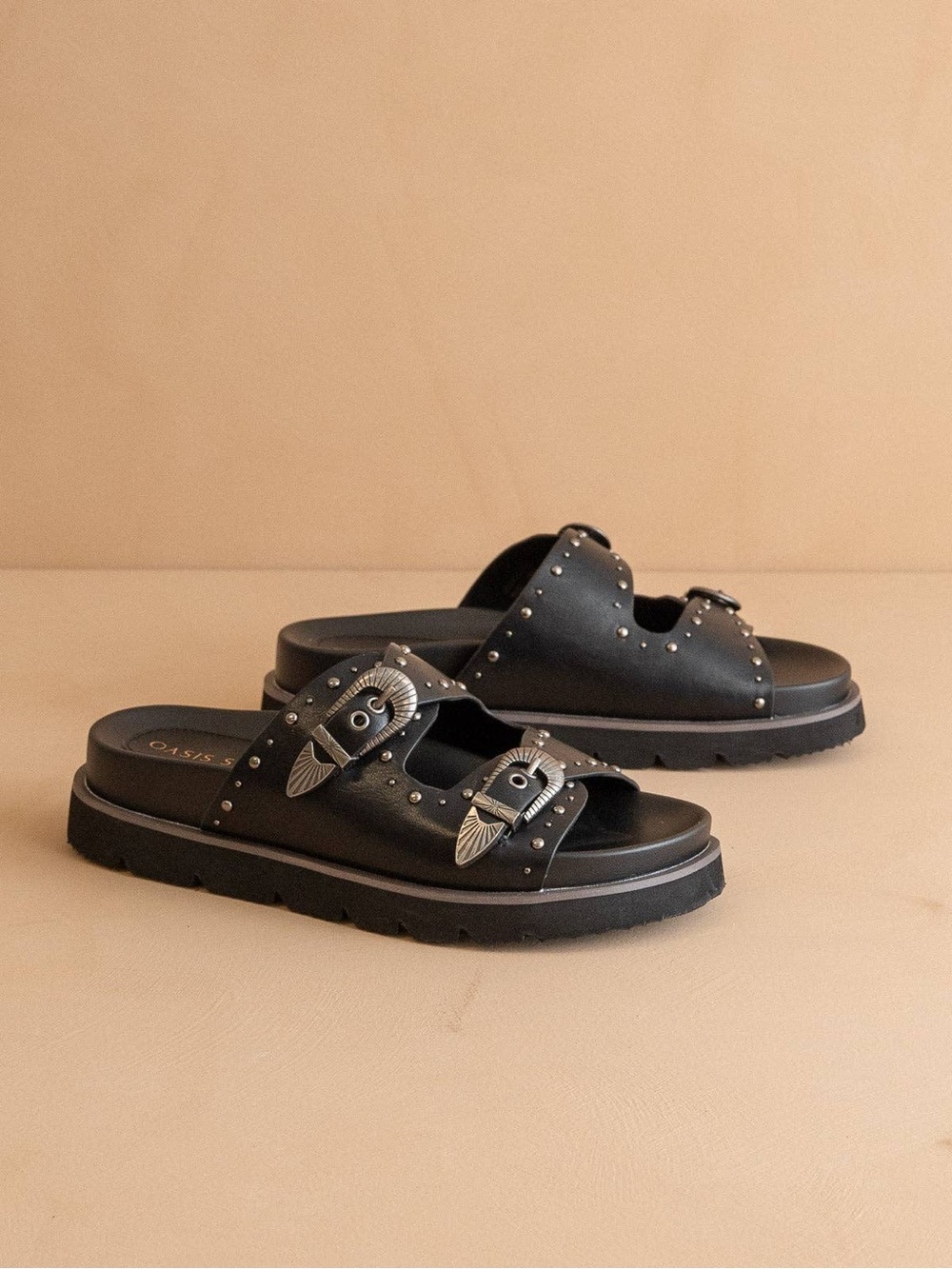 Oasis Society Effie Black Double Western Buckle Slides